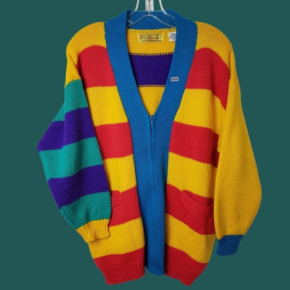 Stitches-Ok Vtg Striped Cardigan Sweater With Pockets  Multicolor Small Petite
